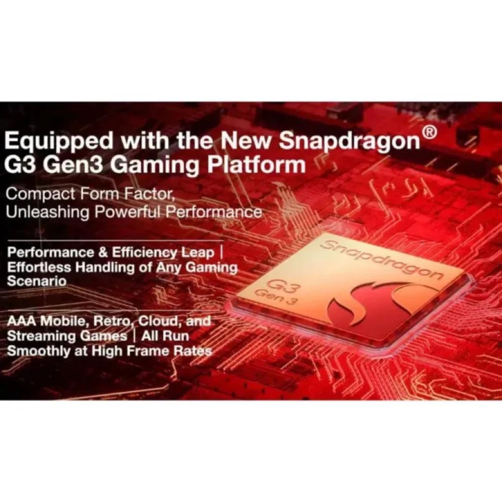 Puce Snapdragon G3 Gen 3 sur carte rouge, design compact, accent sur performance et efficacité pour jeux mobiles et cloud, finition noire élégante