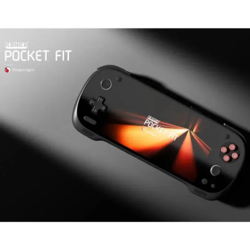 Ayaneo Konkr Pocket FIT noir portable avec écran large brillant, croix directionnelle, joysticks analogiques, boutons rosés et logo Snapdragon visible