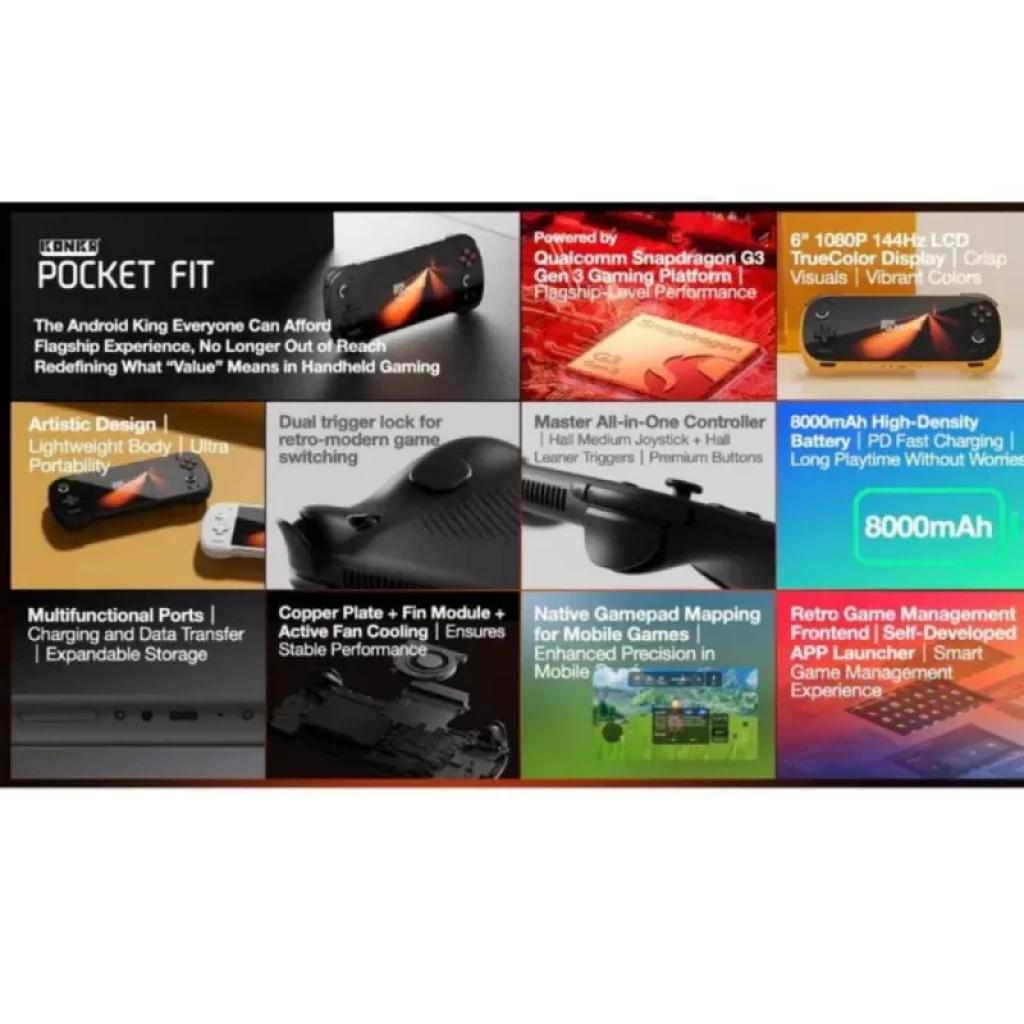 Ayaneo Konkr Pocket FIT noir avec écran 6 pouces, boutons rétro, double gâchette, ports multiples, refroidissement cuivre et batterie 8000 mAh