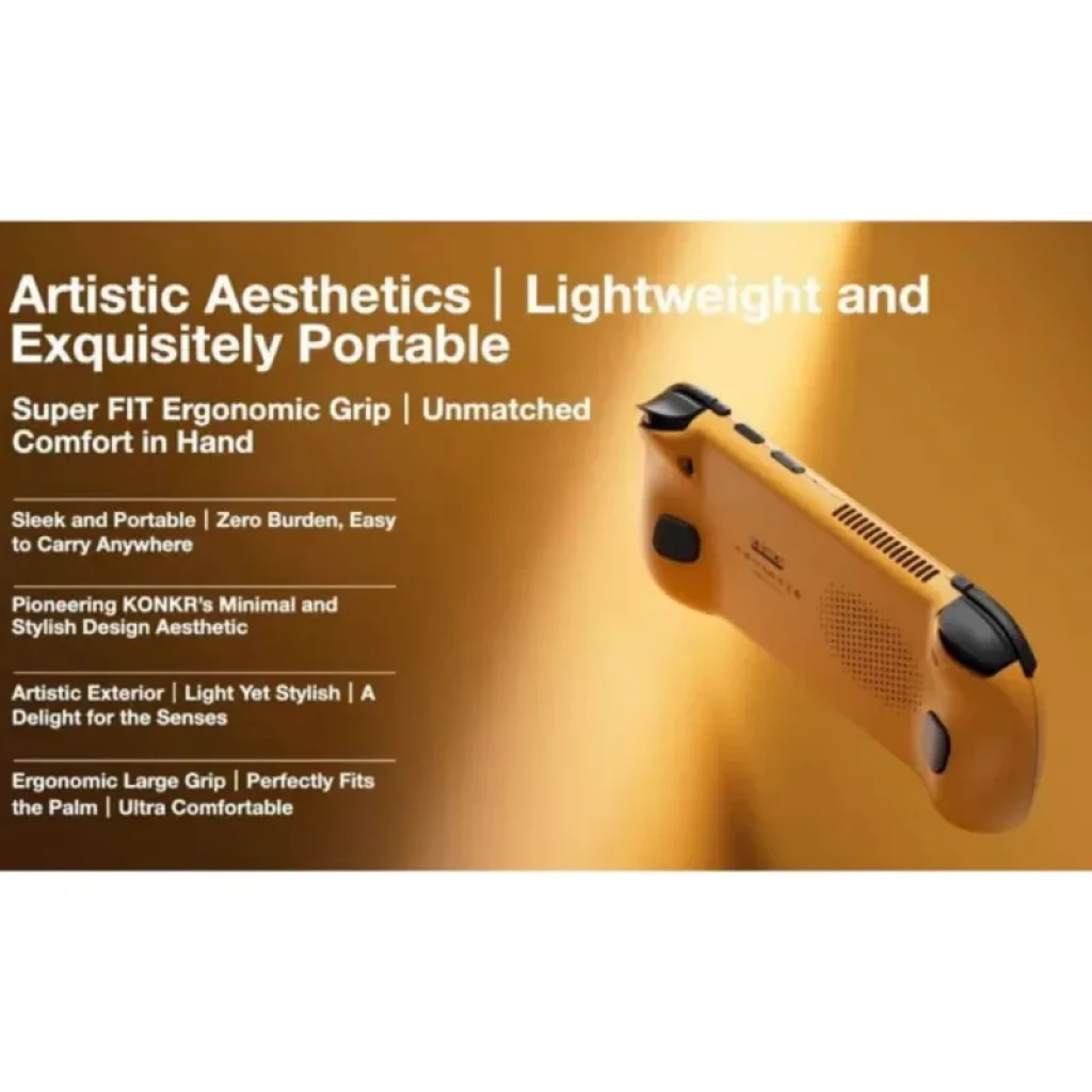 Ayaneo Konkr Pocket FIT Noir, console portable compacte avec coque jaune mate, poignées ergonomiques, évents arrière et boutons supérieurs discrets