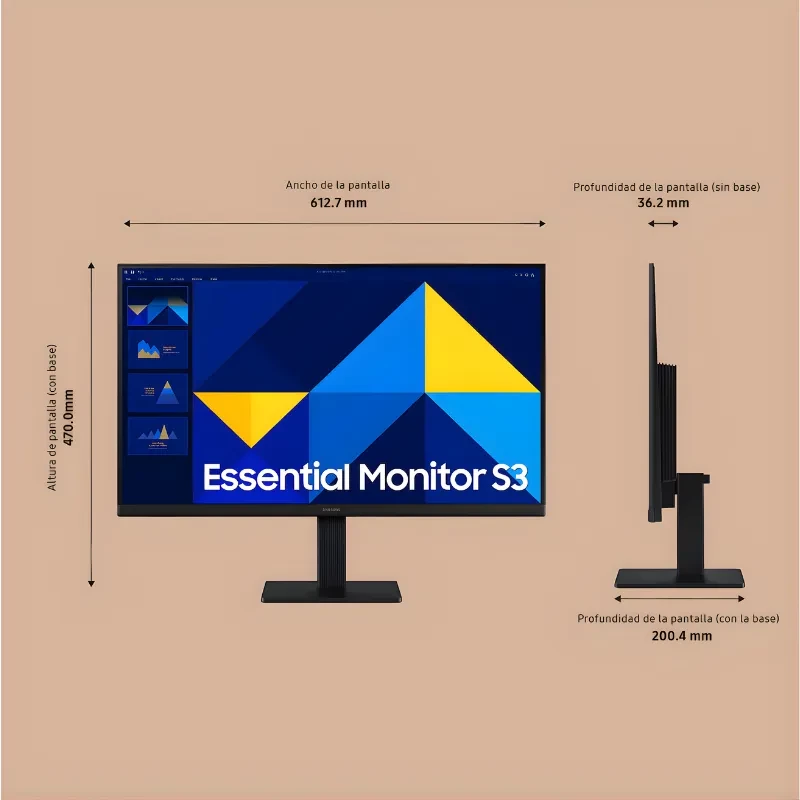 Monitor Samsung S24D304GAU 24" Full HD LED, 100 Hz, biseles delgados, soporte robusto, perfil delgado 36.2 mm, ancho 612.7 mm, altura 470.0 mm con base