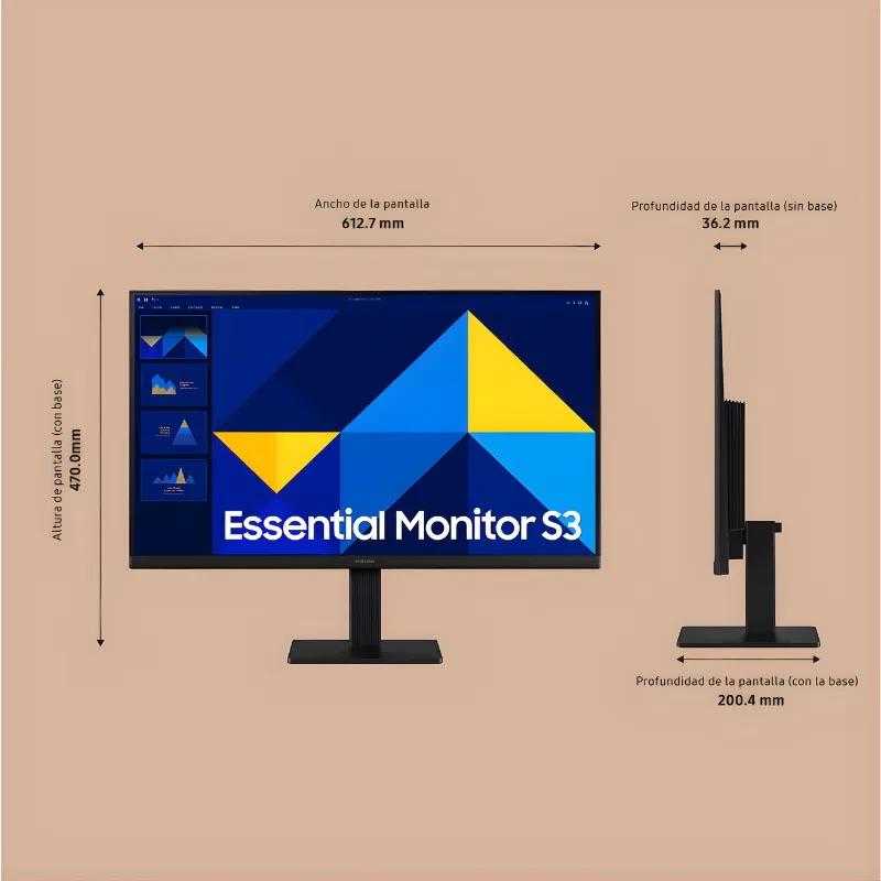 Monitor Samsung S24D304GAU 24" Full HD LED, 100 Hz, biseles delgados, soporte robusto, perfil delgado 36.2 mm, ancho 612.7 mm, altura 470.0 mm con base