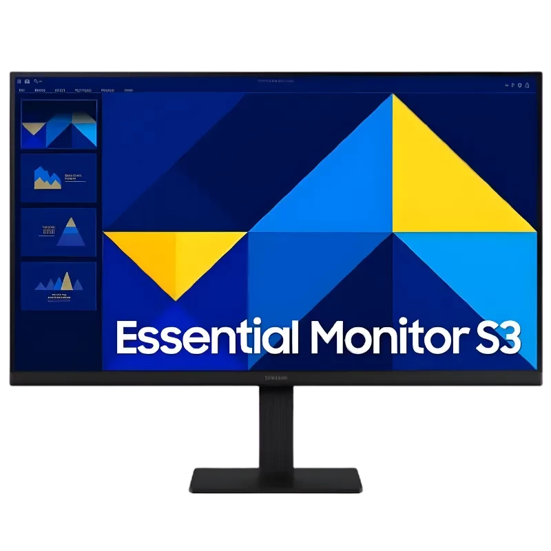 Monitor Samsung S24D304GAU de 24 pulgadas Full HD, panel LED, 100 Hz, biseles delgados, base rectangular robusta y pantalla con gráficos en azul y amarillo