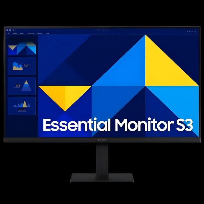 Monitor Samsung S24D304GAU de 24 pulgadas Full HD, panel LED, 100 Hz, biseles delgados, base rectangular robusta y pantalla con gráficos en azul y amarillo