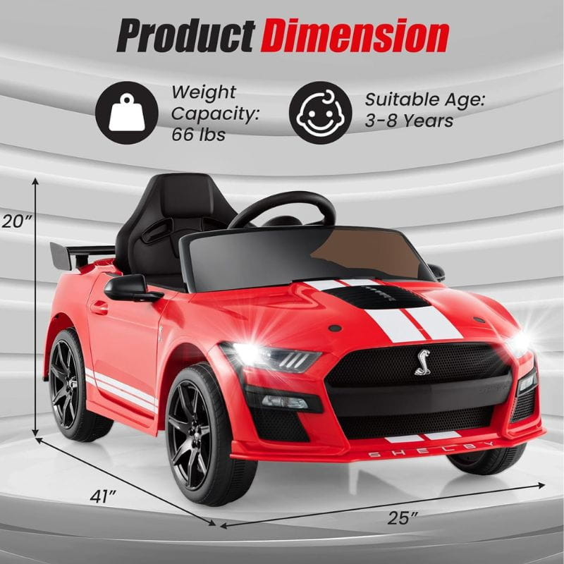 Ford Mustang Shelby GT 500 12V Rojo - Coche eléctrico para niños, dimensiones y peso