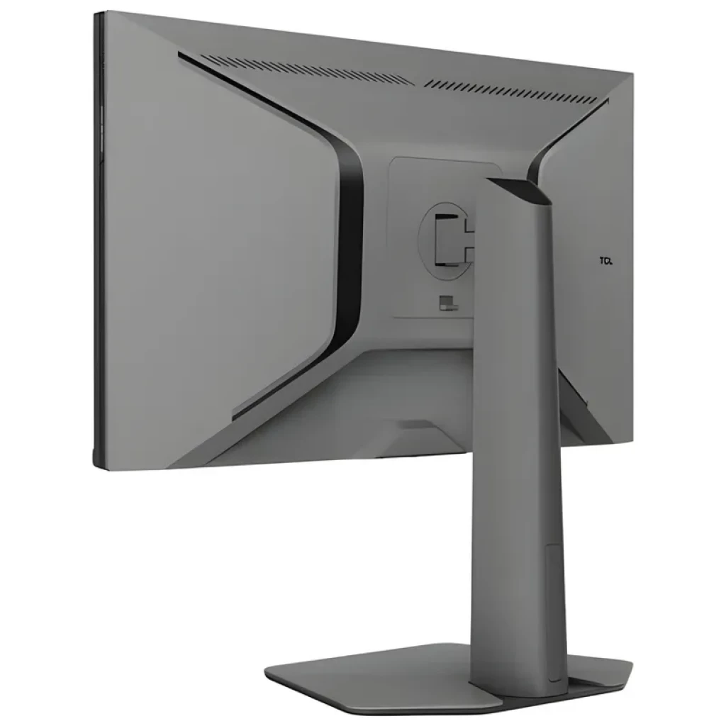 Monitor TCL 25G64 27 pulgadas en color plata, vista trasera con soporte robusto, diseño angular, ventilación superior y sistema de gestión de cables