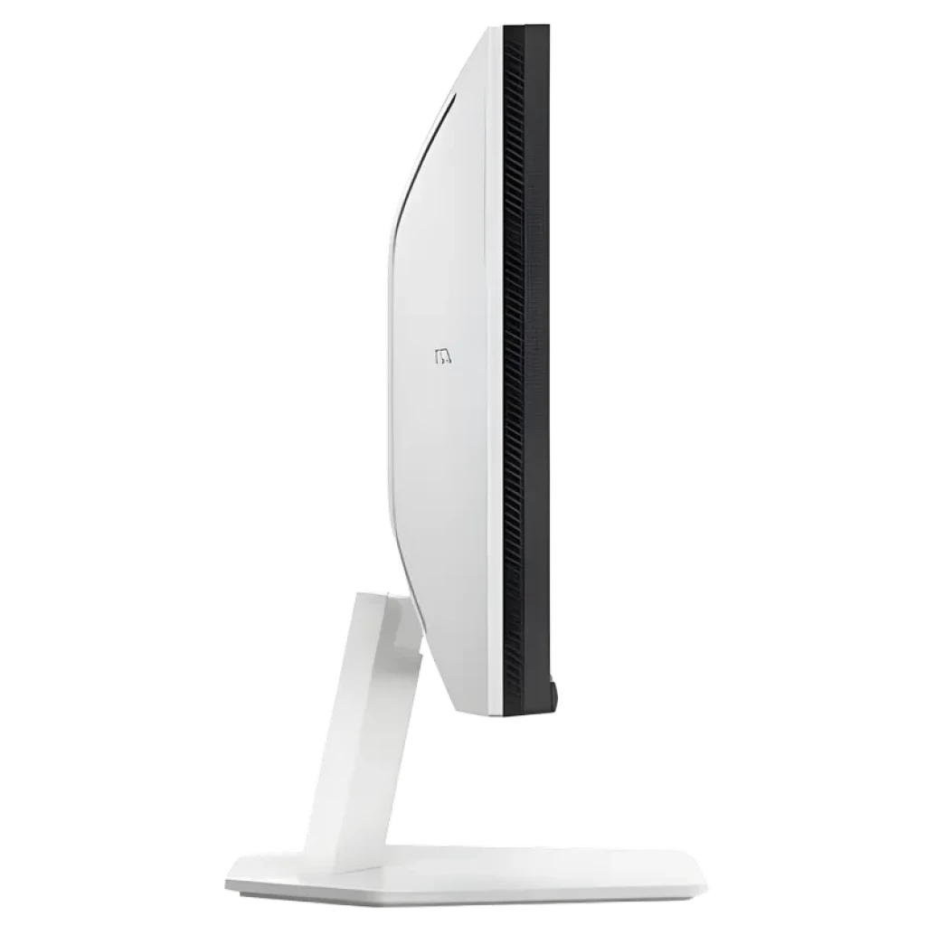 Perfil lateral del monitor TCL 24G54 MiniLED 23.8 pulgadas, carcasa blanca, bisel delgado y soporte estable; diseño delgado con ventilación trasera vertical
