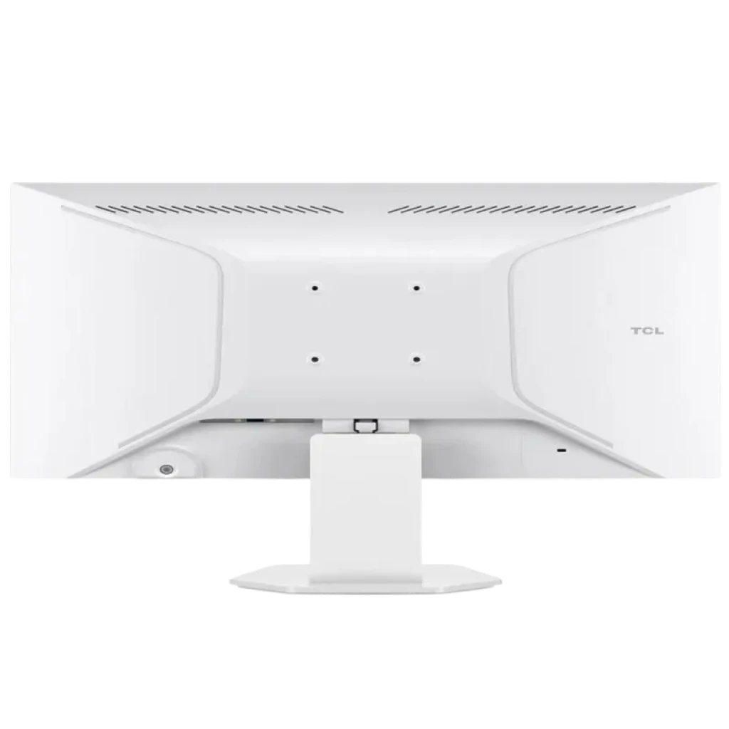 Parte trasera del monitor TCL 24G54 en color blanco, soporte central ajustable, ventilación superior y montaje VESA visible con orificios alineados