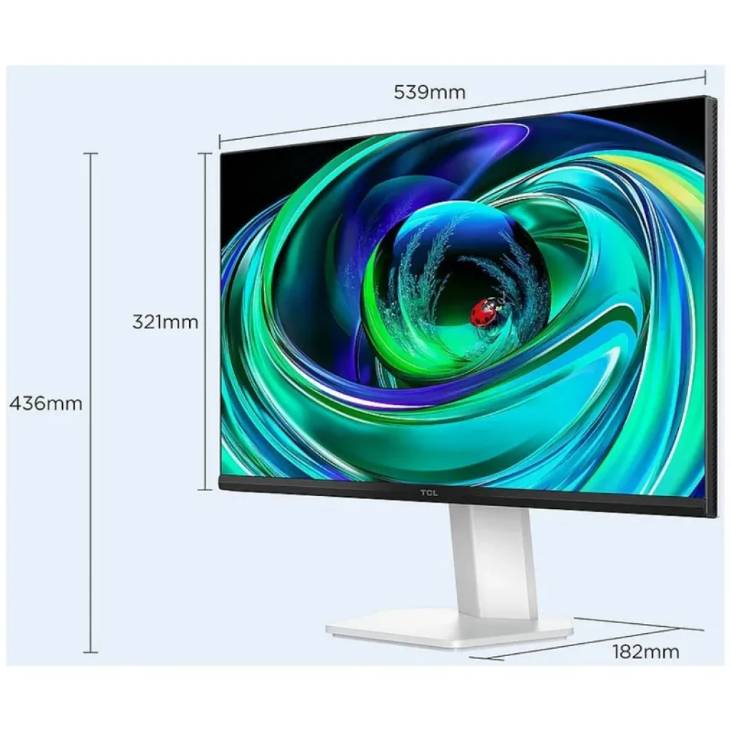 TCL 24G54 MiniLED 84 zonas, panel 23.8 pulgadas 100Hz, biseles finos, soporte blanco ajustable, dimensiones 539×436×182 mm, imagen vibrante y nítida