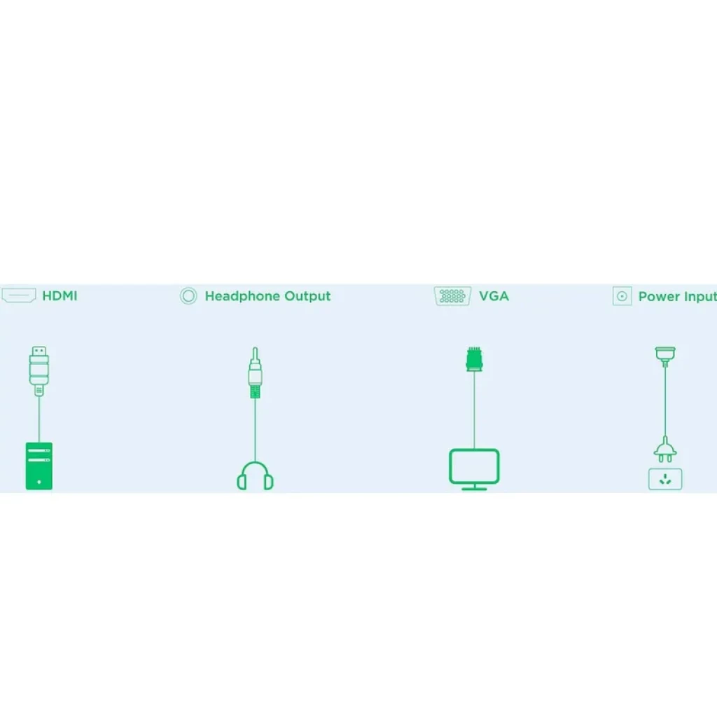 Puertos del monitor TCL 24G54 MiniLED 84 Zonas 100Hz 23.8 pulgadas: HDMI, salida de auriculares, VGA y entrada de alimentación con iconos verdes claros