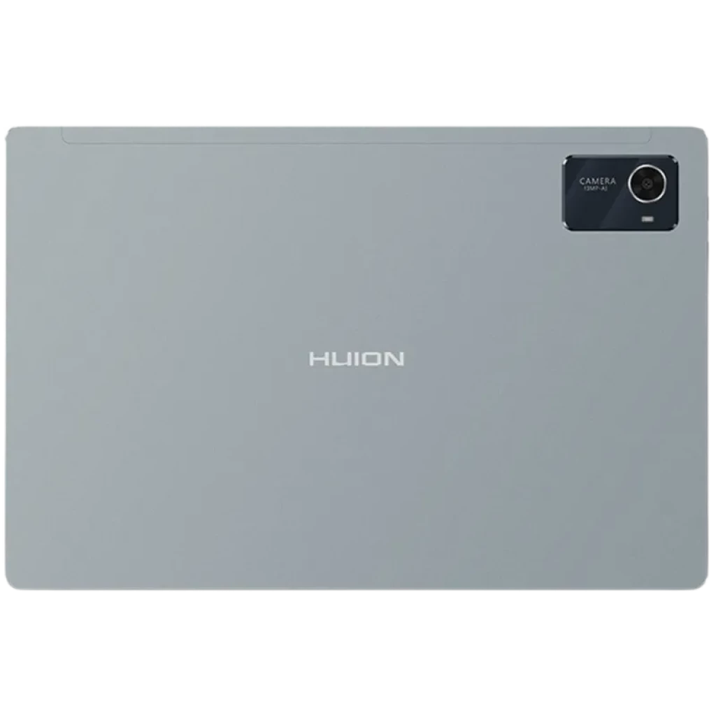 Parte trasera de Huion Slate 10 en gris, logo centrado, módulo de cámara rectangular con lente y flash en la esquina superior derecha, bordes suaves
