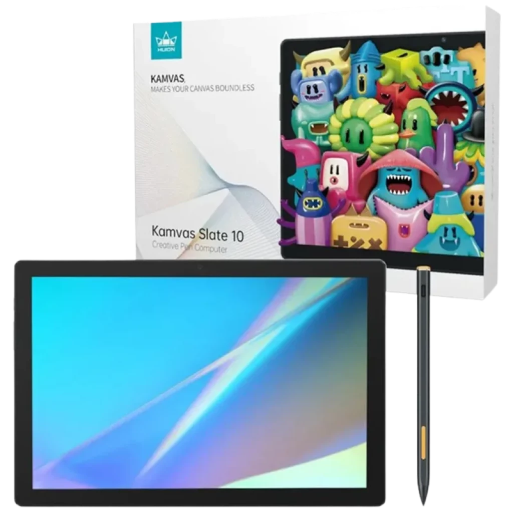Huion Slate 10 Pantalla laminada FHD+ de 10,1 pulgadas con lápiz digital y diseño delgado; incluye caja con ilustración colorida y soporte creativo