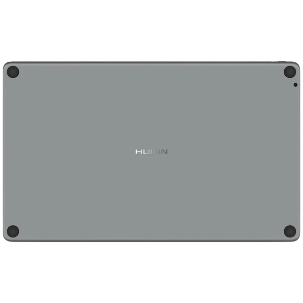 Parte trasera de la Huion Kamvas Pro 13 GT1302 en gris, cuatro patas antideslizantes en las esquinas y logo centrado, diseño delgado y minimalista