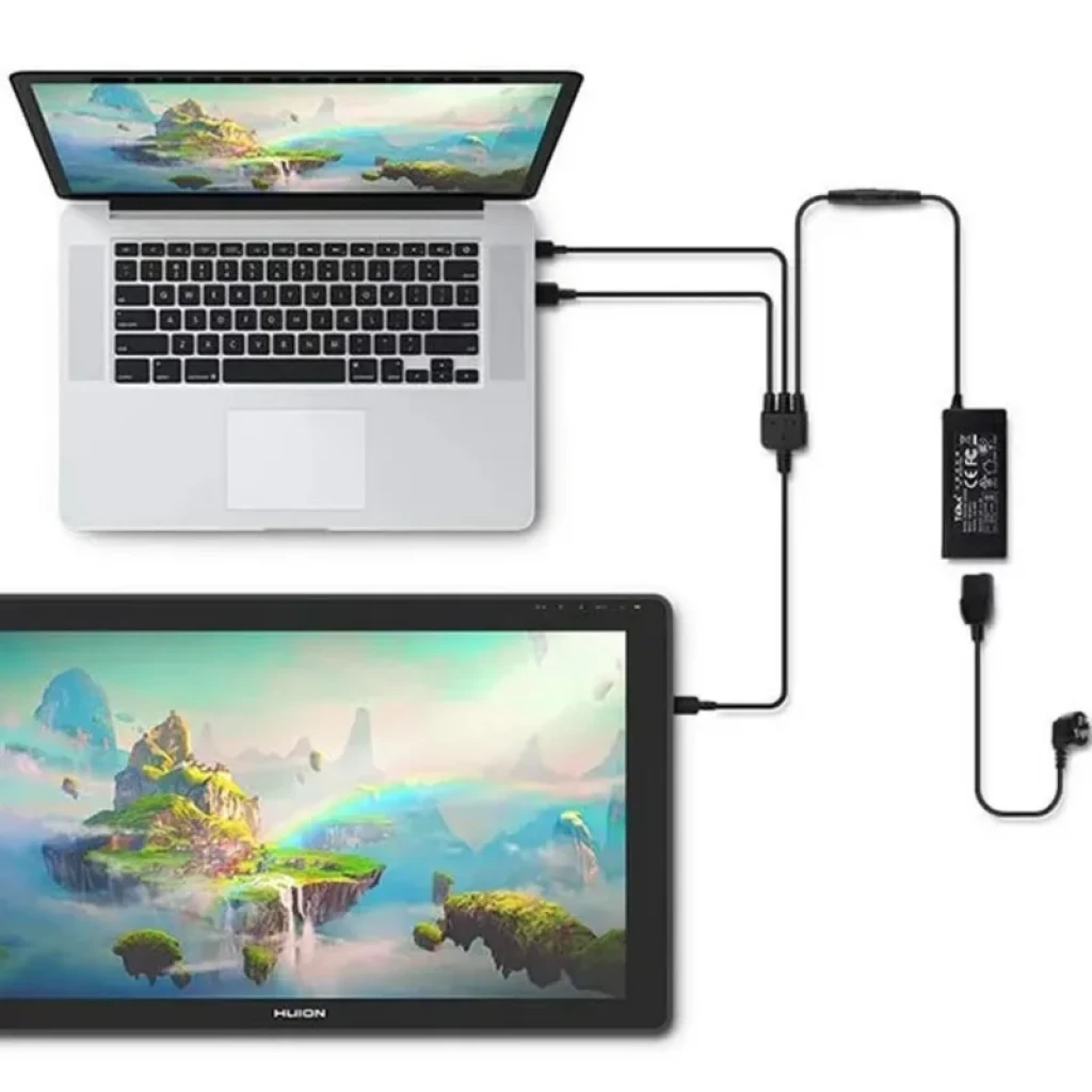 Huion Kamvas 22 Plus GS2202, monitor-tableta 21.5 pulgadas Full HD. Conexión a laptop por HDMI y USB, fuente de poder externa y pantalla antirreflejo.