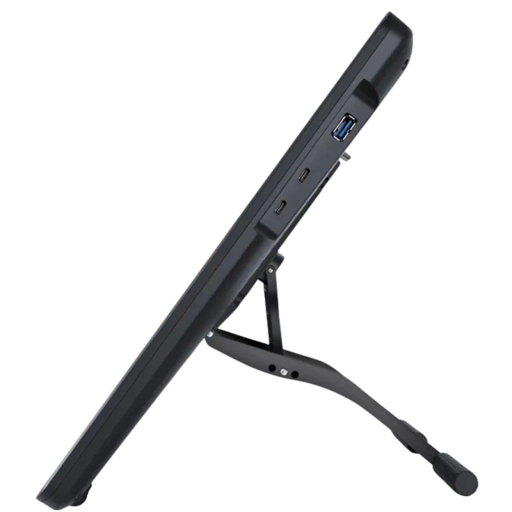 Huion Kamvas 22 Plus GS2202 con soporte ajustable, grosor delgado y puertos laterales USB y USB-C accesibles en pantalla de 21.5 pulgadas Full HD