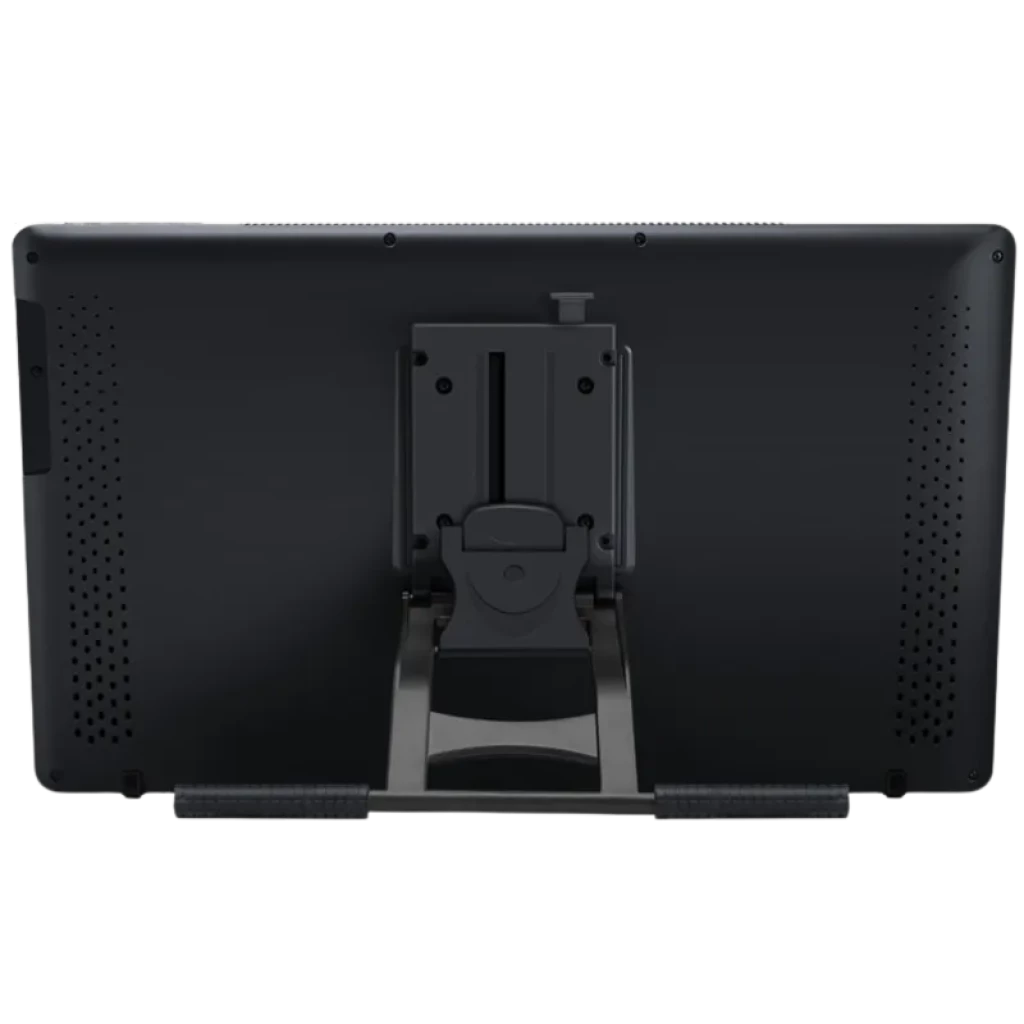 Soporte trasero ajustable de la Huion Kamvas 22 Plus GS2202, pantalla 21.5 pulgadas; chasis negro con ranuras de ventilación y base robusta para estabilidad