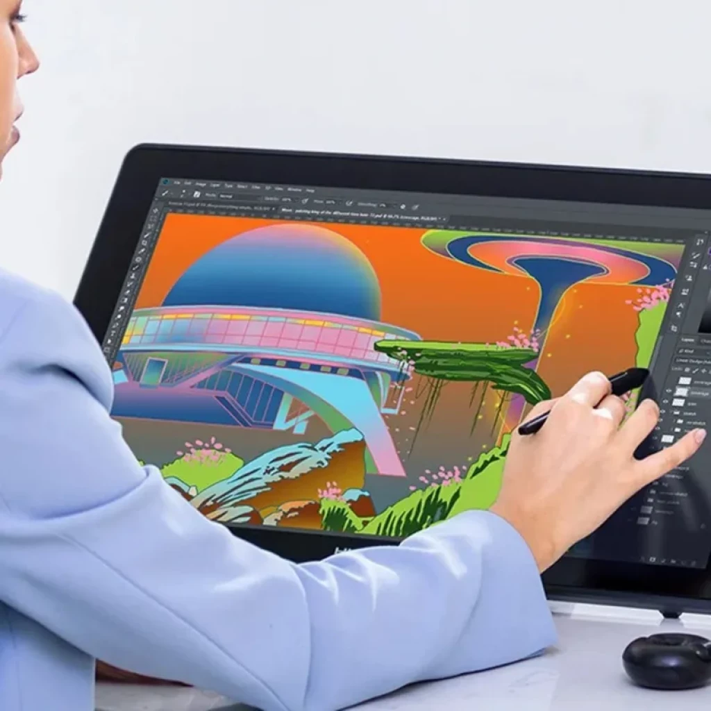 Pantalla gráfica Huion Kamvas 22 Plus 21.5 Full HD con lápiz sin batería, superficie mate antirreflejo, colores vivos y amplio espacio de trabajo para