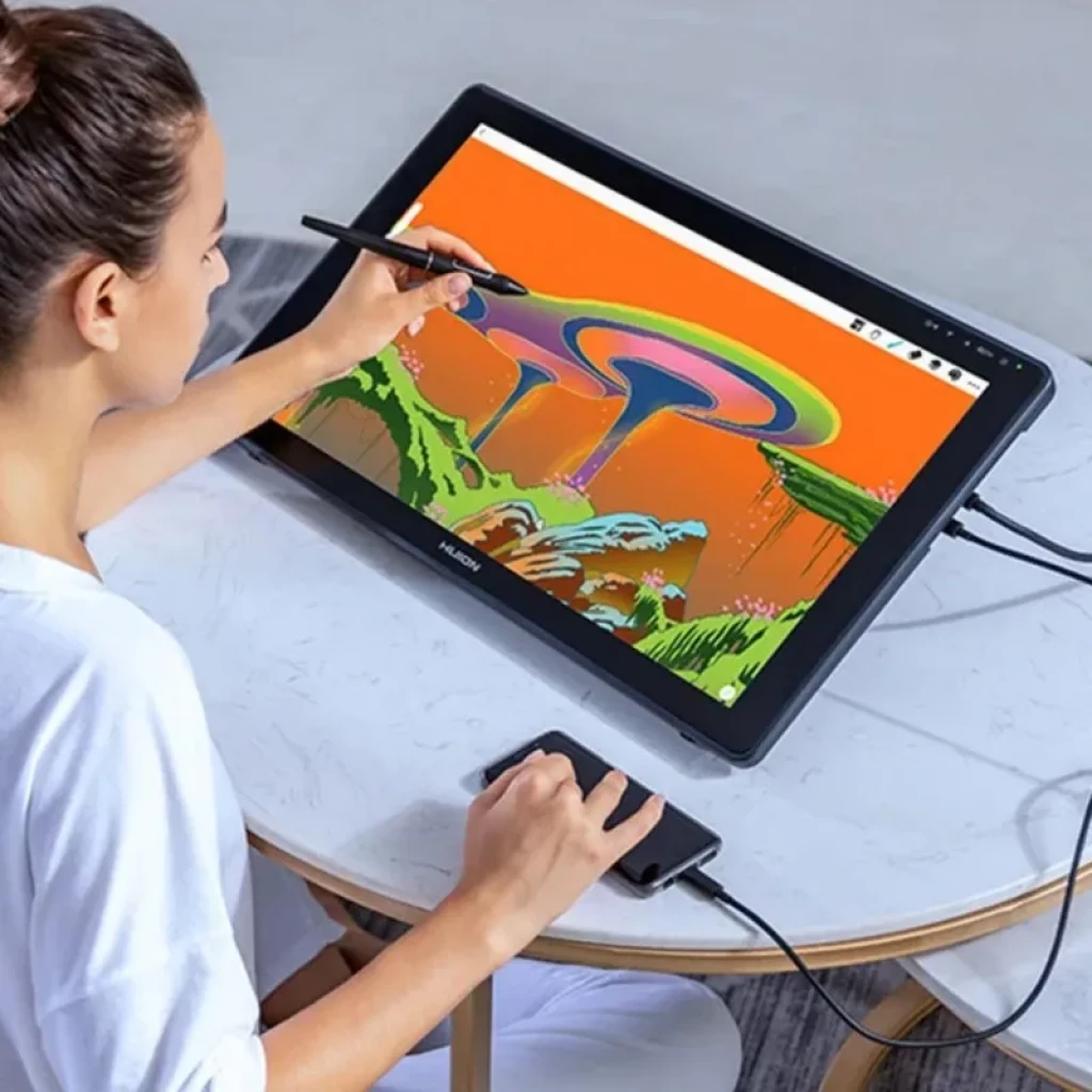 Huion Kamvas 22 Plus GS2202, pantalla gráfica 21.5 Full HD con lápiz sin batería, gran área de dibujo, cables laterales y soporte para flujo creativo fluido