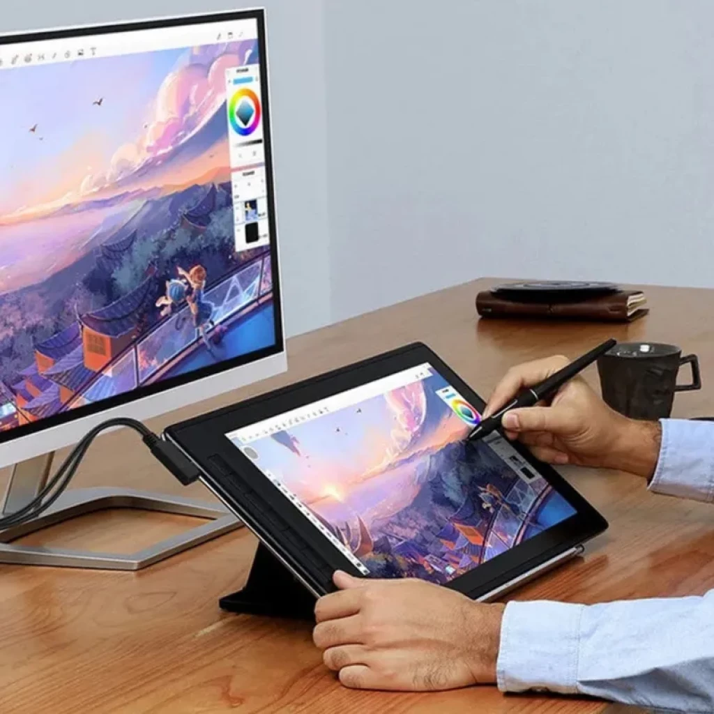 Huion Kamvas Pro 16 GT1602 com caneta, tela 15,8 pol 2,5K 186 ppi, suporte ajustável, ligada a monitor externo exibindo ilustração colorida