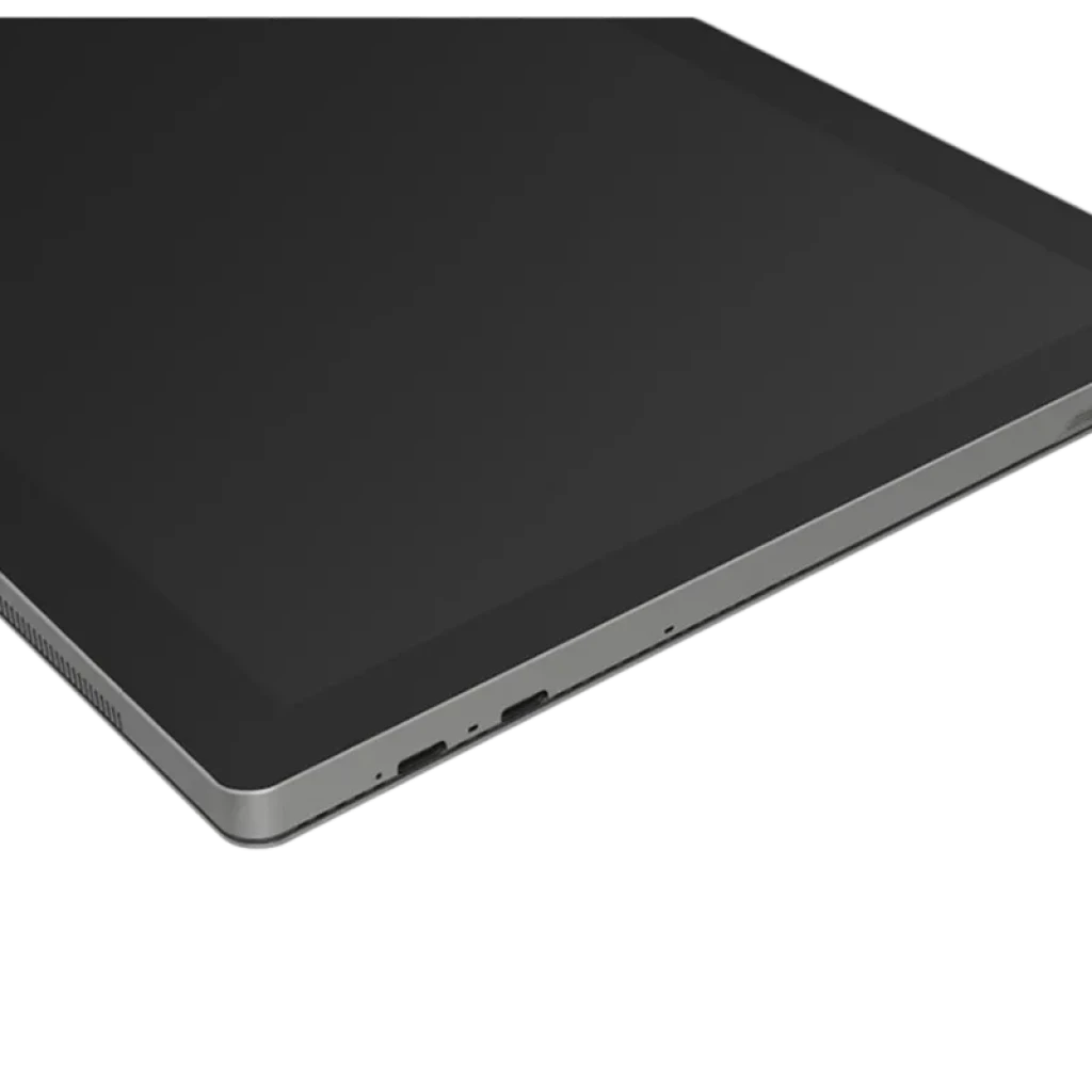 Borde metálico gris con pantalla táctil amplia y biseles delgados; puertos laterales visibles y diseño delgado, típico de tableta gráfica Huion Kamvas