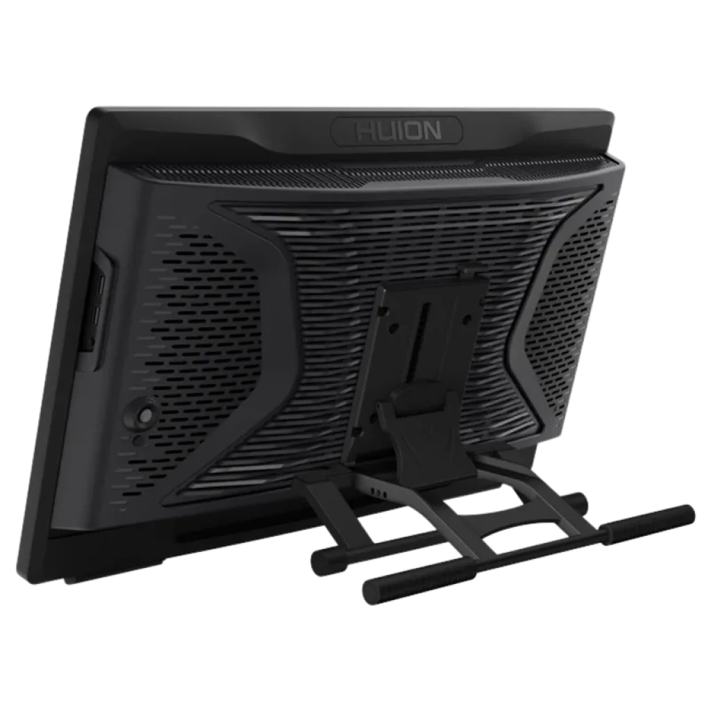 Parte trasera de la Huion Kamvas Studio 24 con panel ventilado, soporte metálico ajustable en forma de Z y montura VESA centrada en color negro