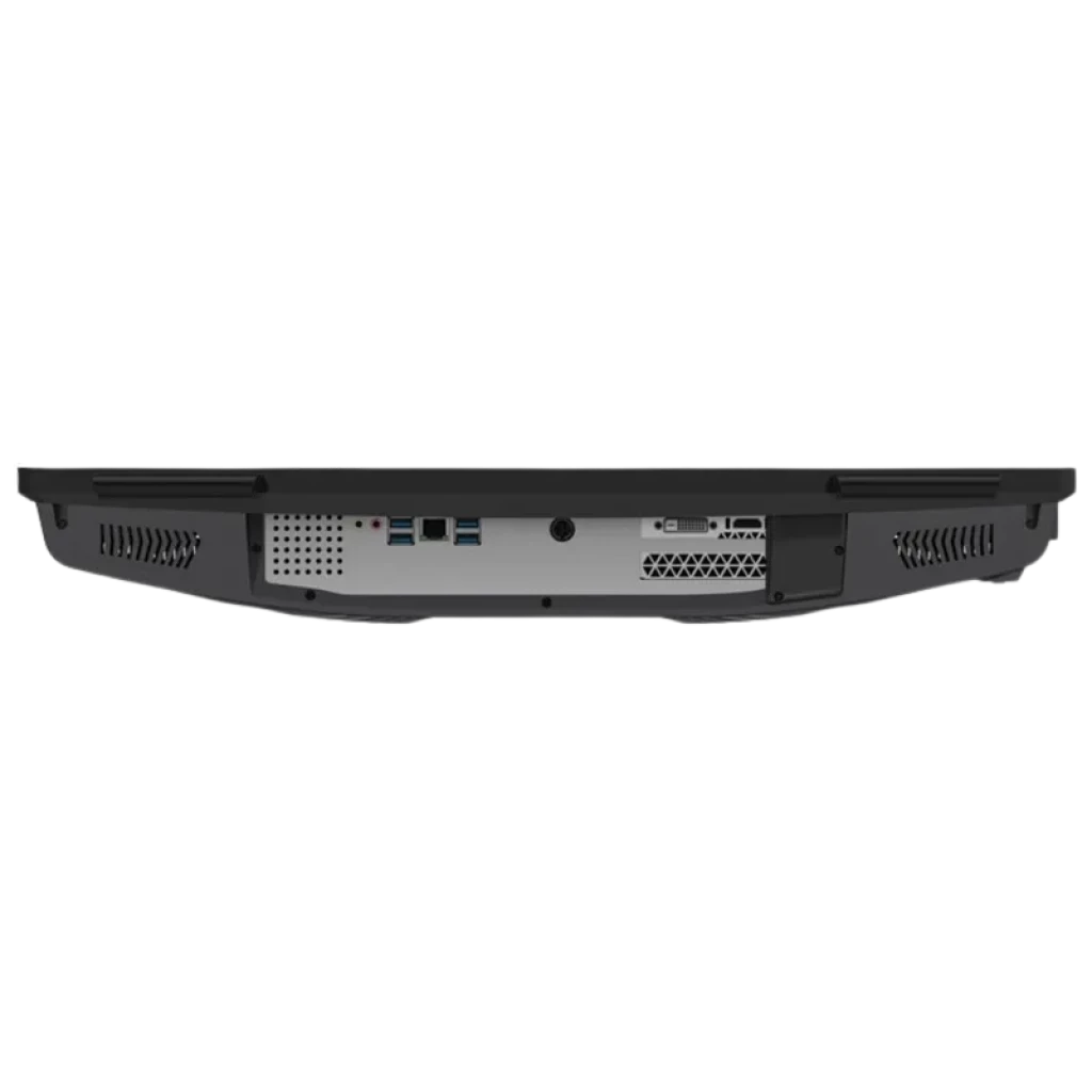Parte trasera de la Huion Kamvas Studio 24 con puertos USB, HDMI, ventilaciones y ranuras de refrigeración en chasis negro y gris