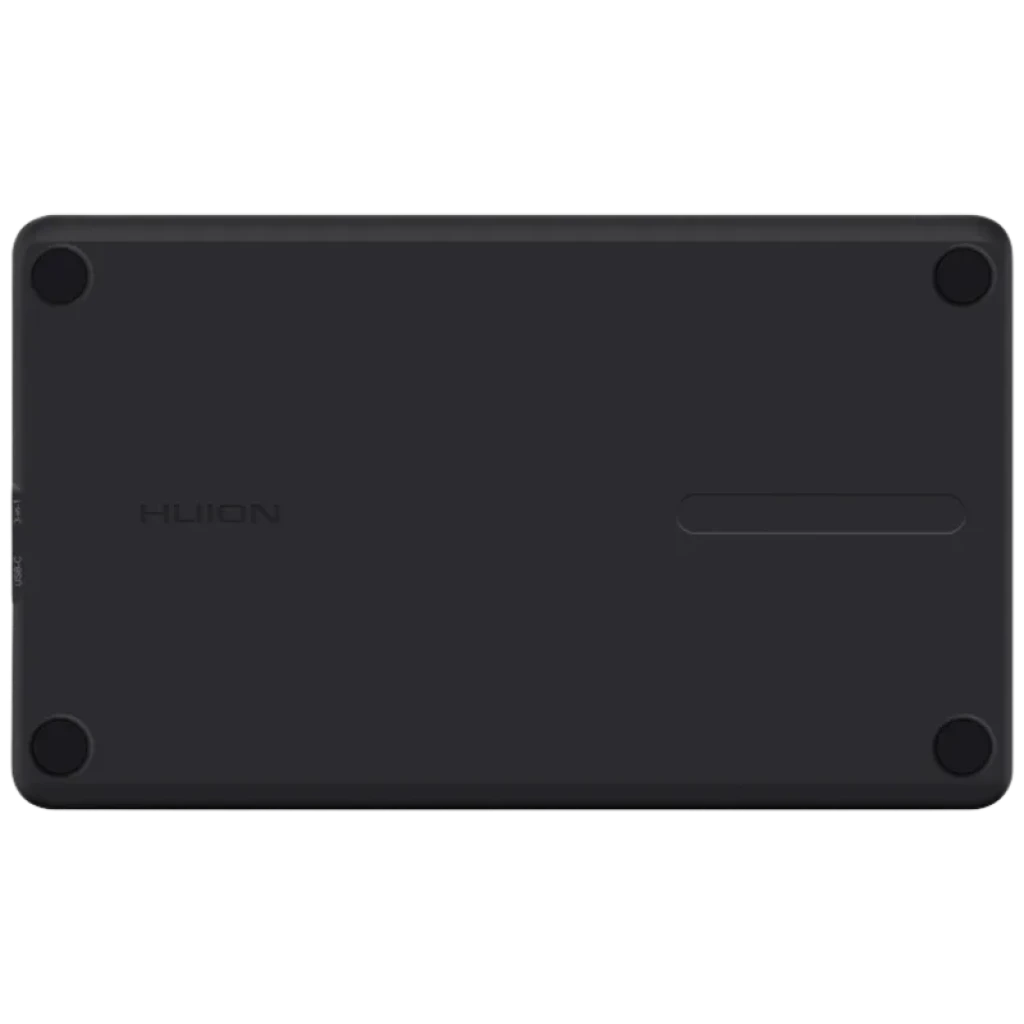 Huion Kamvas 12 GS1161 parte trasera: carcasa negra mate con cuatro patas antideslizantes y ranura central para soporte o sujeción