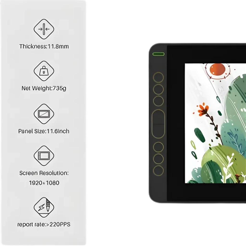 Huion Kamvas 12 GS1161 tableta gráfica 11,6 pulgadas con pantalla 1920x1080, grosor 11,8 mm, peso 735 g, 6 botones laterales y lápiz óptico 220 PPS
