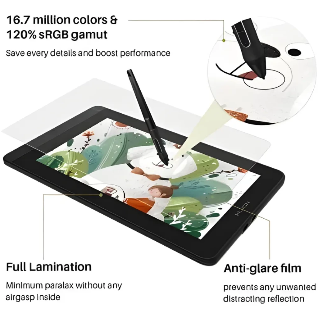 Huion Kamvas 12 GS1161 tableta gráfica 11,6 pulgadas con lápiz óptico, pantalla laminada completa, 120% sRGB, 16,7 millones de colores y film antirreflejo