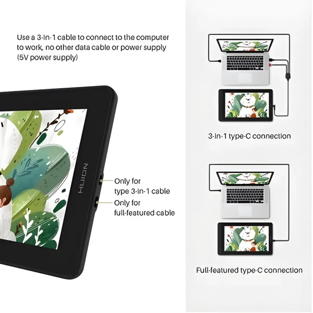 Huion Kamvas 12 GS1161 pantalla 11,6 pulgadas con lápiz óptico; conexiones 3 en 1 y USB tipo C completas; diseño delgado negro con borde fino