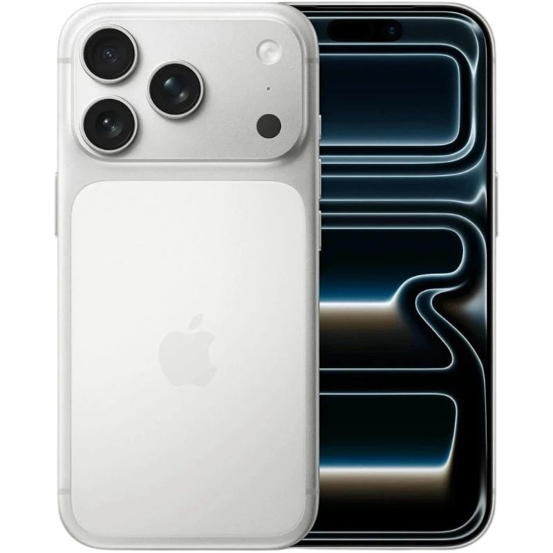 iPhone 17 Pro 256Go Argent rénové, excellent état: dos argent mat, triple capteur large, module photo proéminent, écran bord à bord avec îlot dynamique