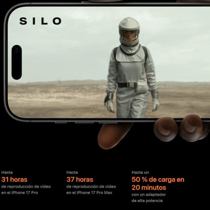 iPhone 17 Pro 256Go Argent Rénové Excellent état avec écran OLED large, Dynamic Island, bords fins et double capteur avant, affichant une scène vidéo