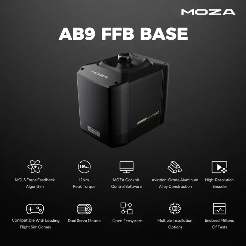 Moza Racing AB9 FFB Base 12 Nm em alumínio aeronáutico, design compacto preto, display superior, porta lateral e acabamento premium para simulação de voo