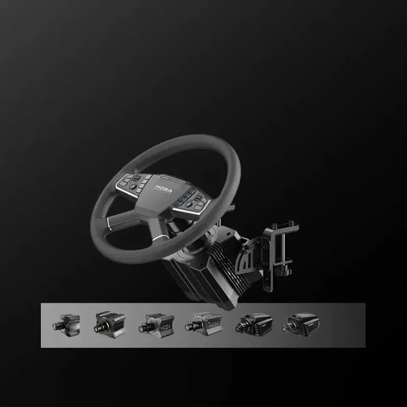 Volante Moza R5 con base directa 5 Nm, aro texturizado y botones integrados; incluye pedales y soportes mostrados en miniaturas sobre fondo negro elegante