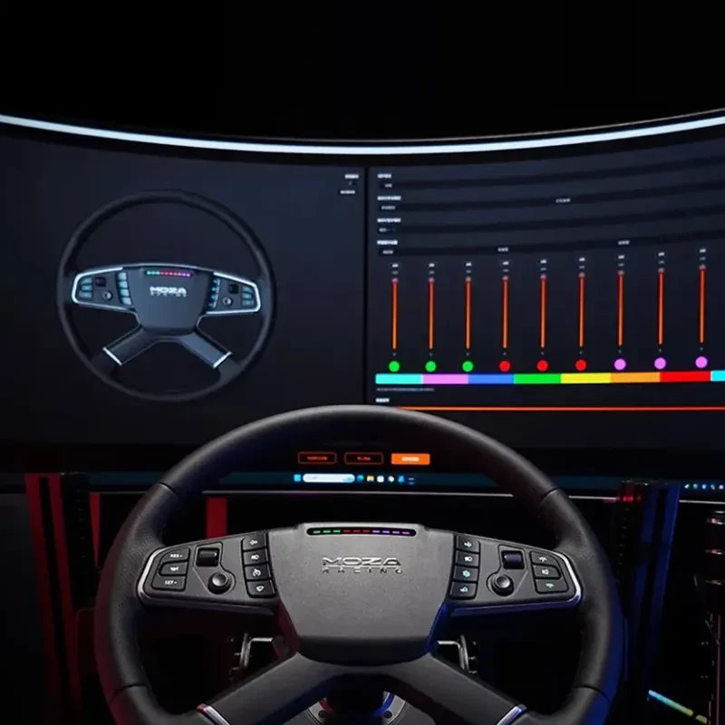 Volante Moza R5 con base directa 5 Nm y pedales; aro con múltiples botones y luces LED, diseño robusto para simulación de camión en PC
