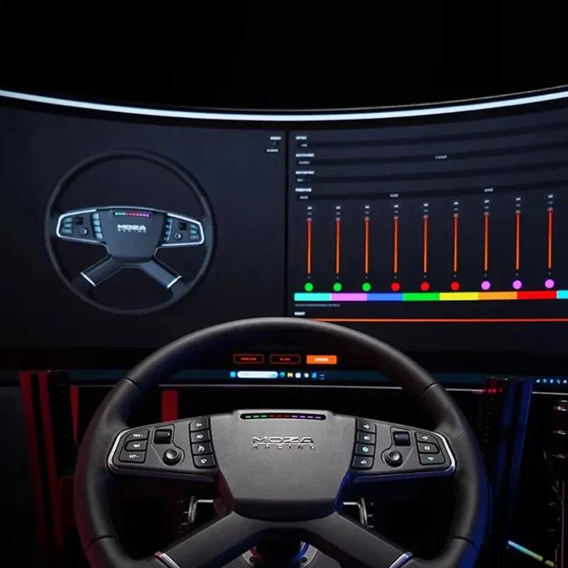Volante Moza R5 con base directa 5 Nm y pedales; aro con múltiples botones y luces LED, diseño robusto para simulación de camión en PC