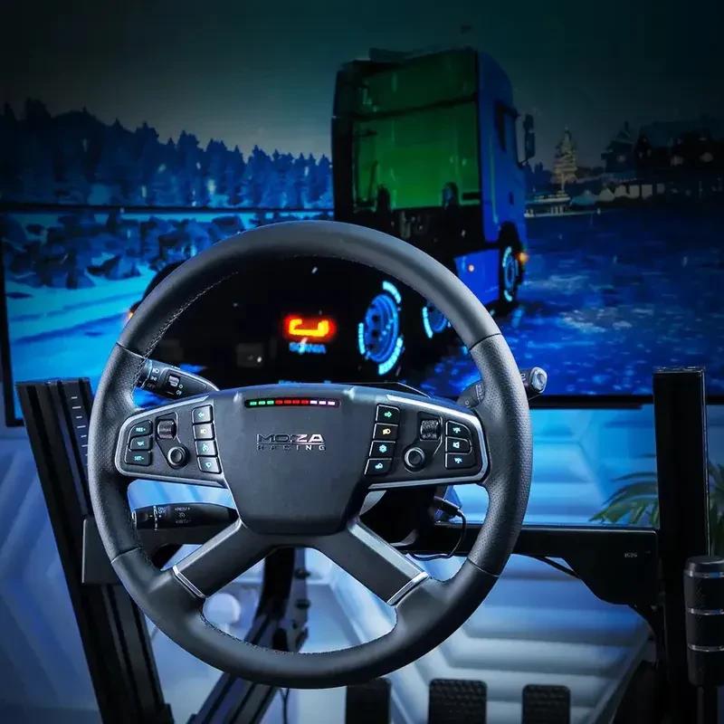 Moza R5 Trucking Bundle PC: volante de simulación con aro de cuero, panel LED de rpm, botones retroiluminados y base directa 5 Nm; incluye pedales