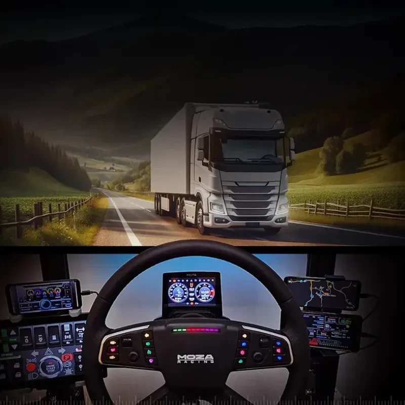 Volante Moza R5 para simulación con base directa 5 Nm, diámetro grande, múltiples botones retroiluminados y palanca lateral; ideal para trucking en PC