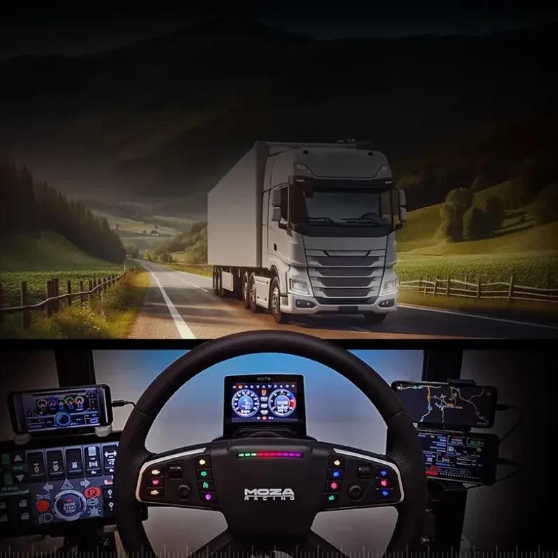 Volante Moza R5 para simulación con base directa 5 Nm, diámetro grande, múltiples botones retroiluminados y palanca lateral; ideal para trucking en PC