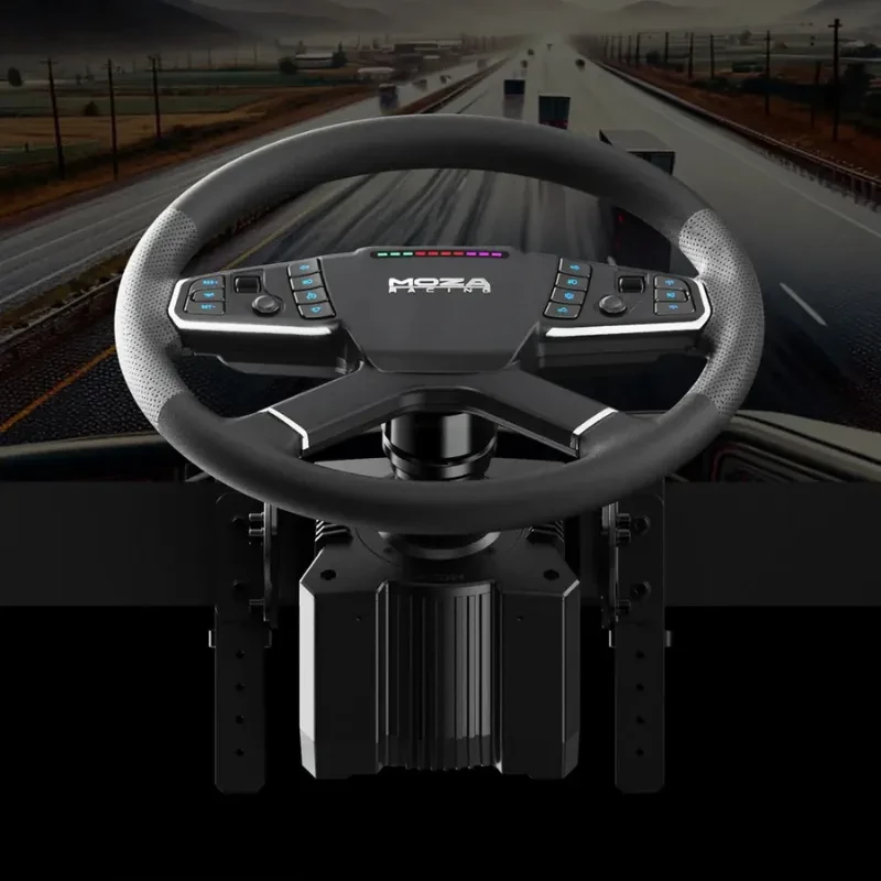 Moza R5 Trucking Bundle PC con volante de cuero texturizado, base directa 5 Nm, panel con botones iluminados y pedales metálicos ajustables para simulación
