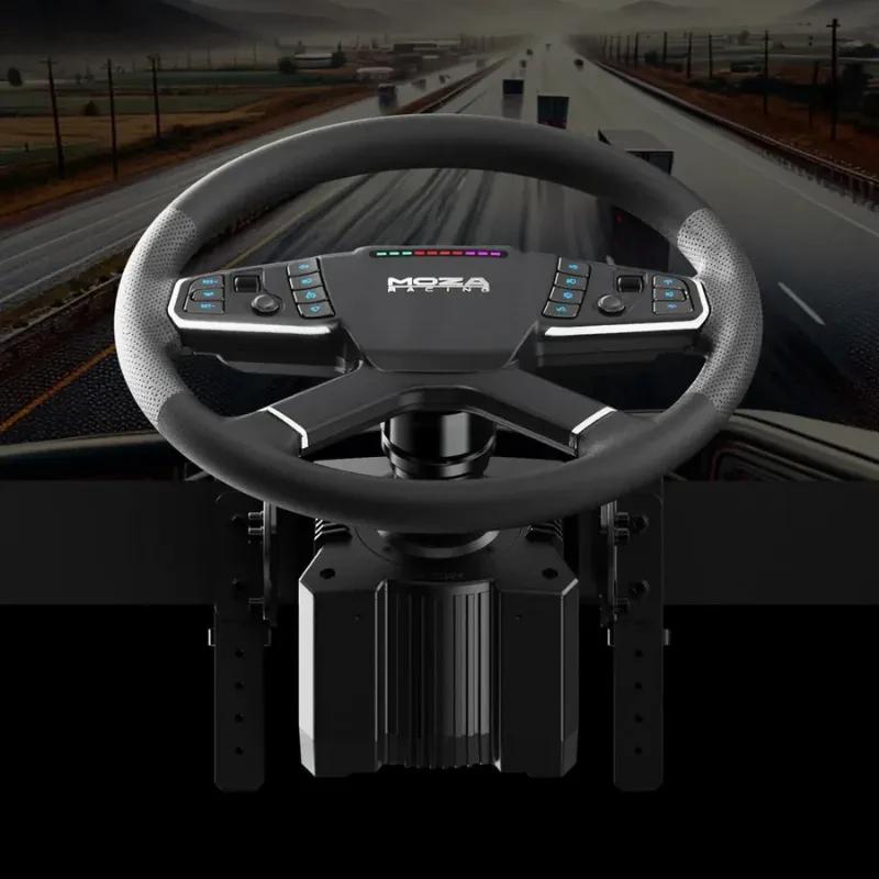 Moza R5 Trucking Bundle PC con volante de cuero texturizado, base directa 5 Nm, panel con botones iluminados y pedales metálicos ajustables para simulación
