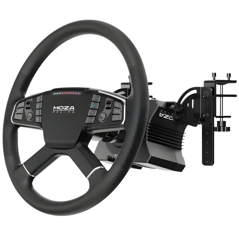 Volante Moza R5 para PC con base directa 5 Nm y pedales; aro con agarre texturizado, panel con botones iluminados y diseño robusto para simulación de camiones