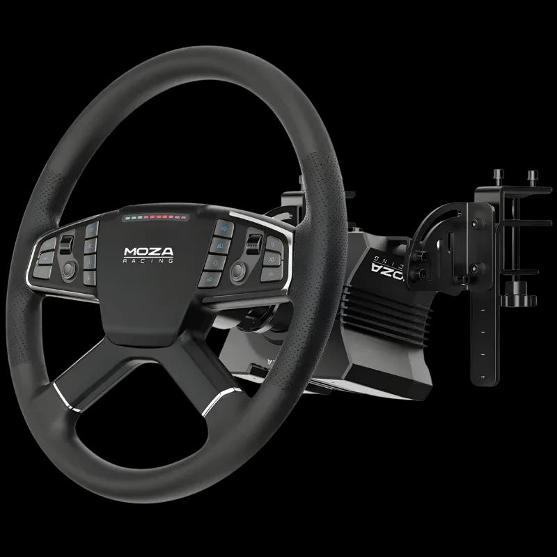 Volante Moza R5 para PC con base directa 5 Nm y pedales; aro con agarre texturizado, panel con botones iluminados y diseño robusto para simulación de camiones