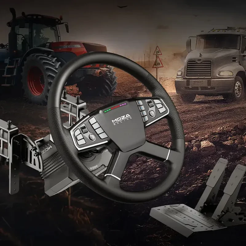 Volante Moza R5 para simulación de camión con base directa 5 Nm, display central, luces LED, botones programables y pedales incluidos