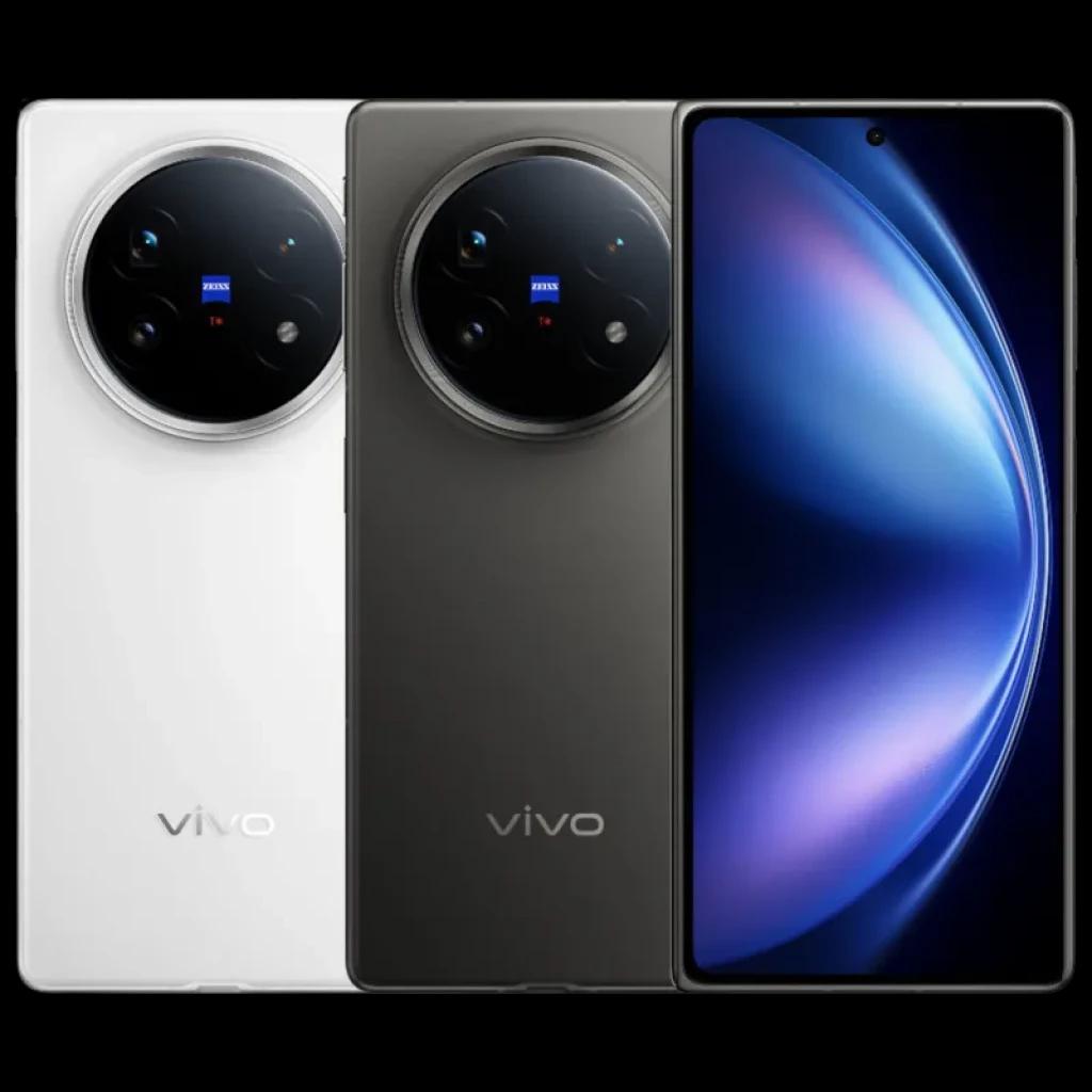 Vivo X Fold 5 16GB/512GB Gris Titanio con pantalla plegable, bordes curvos y módulo de cámaras circular ZEISS; versiones en gris y blanco visibles en la
