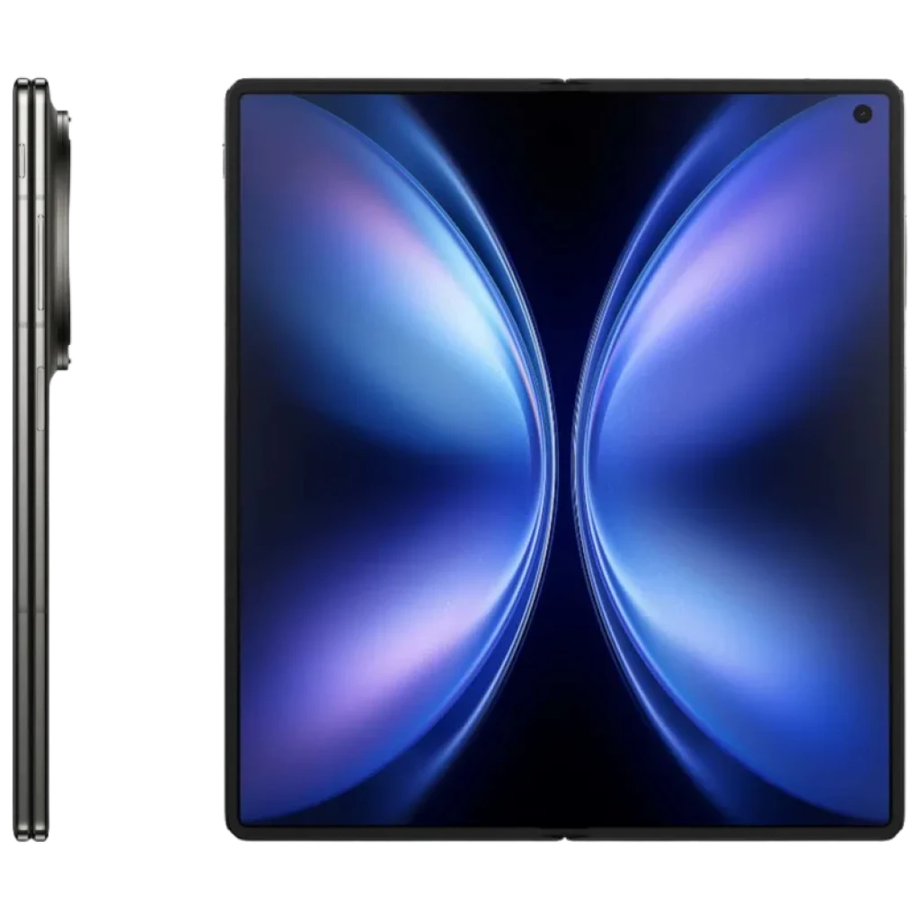 Vivo X Fold 5 16GB/512GB Gris Titanio con gran pantalla plegable abierta, bisagra lateral delgada y cámara frontal en perforación, brillo azul violeta