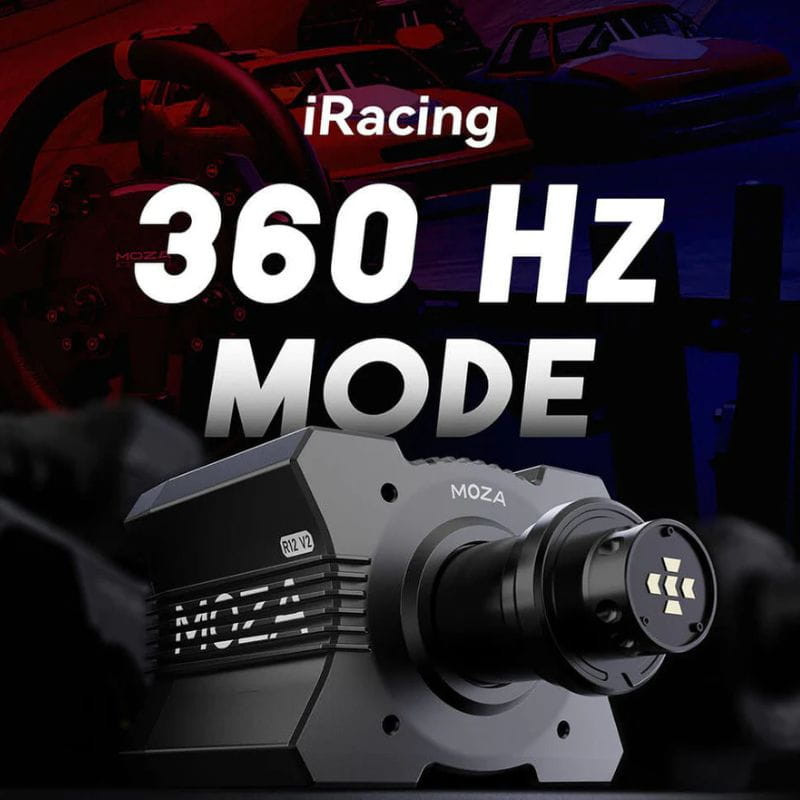 Moza Racing R12 V2 base Direct Drive 12 Nm, boîtier noir angulaire, grille de ventilation latérale, connecteur frontal à 3 broches, mode 360 Hz visible