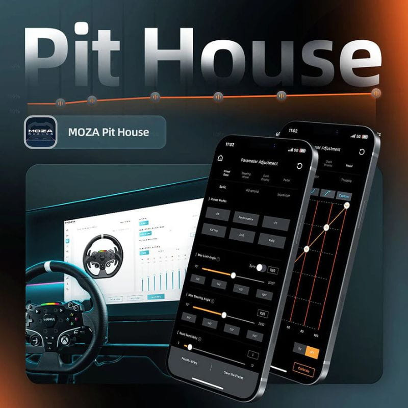 Interface MOZA Pit House affichée sur smartphone et écran, réglages fins du couple et courbes, contrôle précis pour la base Direct Drive R12 V2 12 Nm