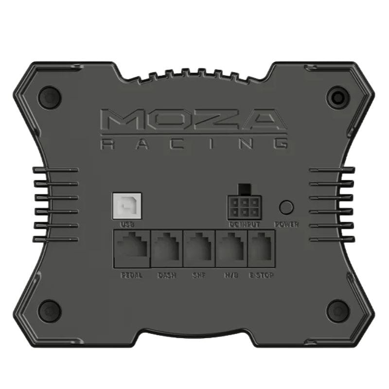 Moza Racing R12 V2 Base de volant Direct Drive 12 Nm en noir, boîtier compact avec ports USB, pédales, dash, shifter, hub et arrêt d’urgence en façade