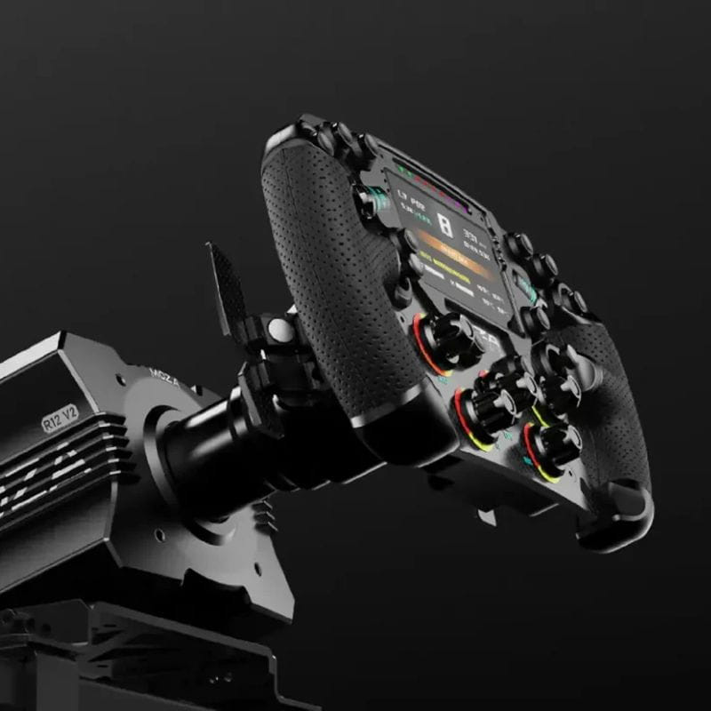 Base Direct Drive Moza Racing R12 V2 12 Nm avec volant pro: boîtier noir robuste, fixation rigide, palettes métalliques, écran central, boutons